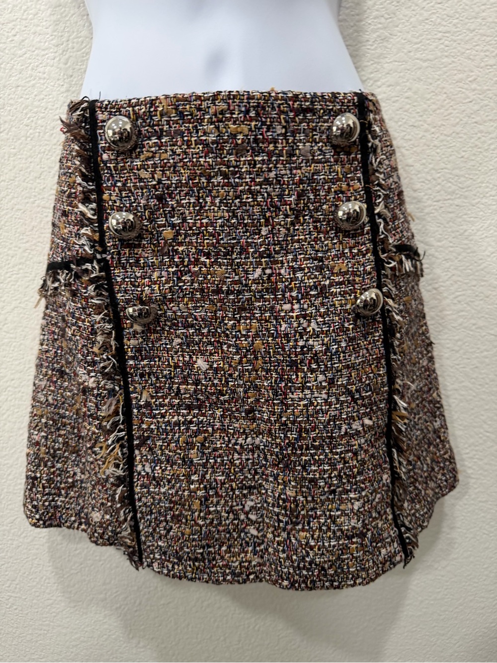 VERONICA BEARD- Brown Multicolor Tweed Mini Skirt with Silver Buttons SIZE 8